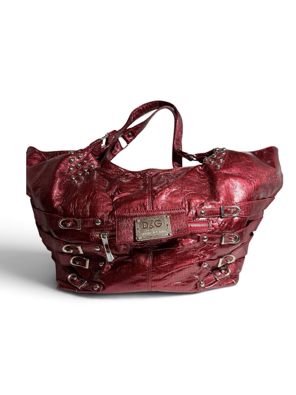Dolce & Gabbana Metallic Burgundy Red Purse Tote Handbag with Buckle Accents